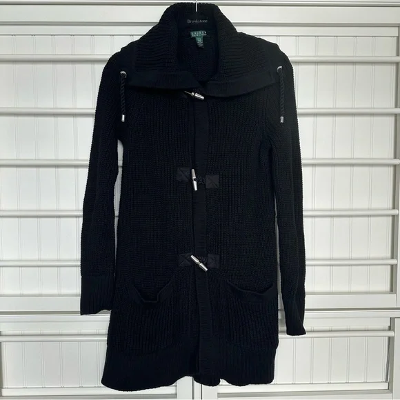 Ralph Lauren Black 100% Cotton Knit Shawl Collar Toggle Cardigan Women’s Sz Med - Picture 4 of 10